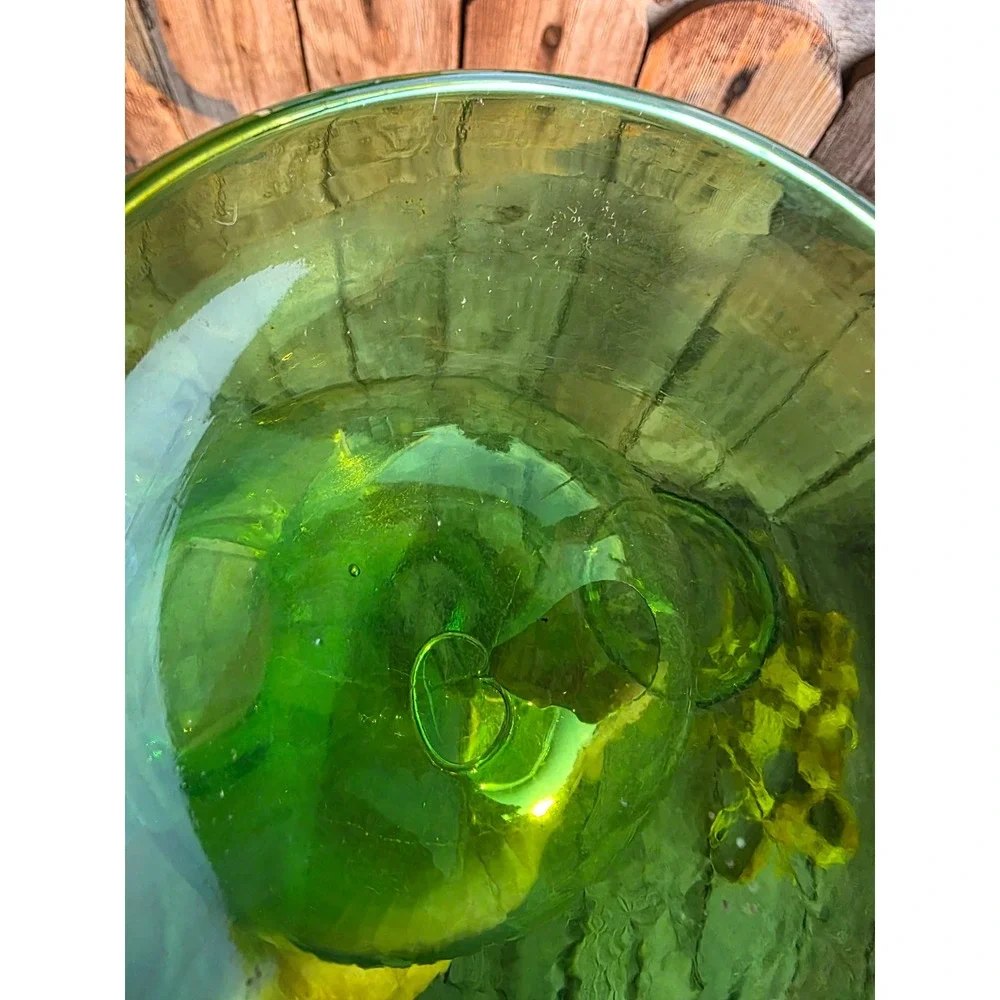 Green Hand Blown Glass Porron Wine Decanter Double Chamber Ice Pocket 11 inch